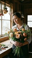Adult woman of East Asian descent, florist profession, holding peach-colored rose bouquet in rustic cottage workspace with dried herbs hanging, natural window light, floral arrangement and design.