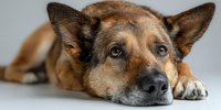 Mixed breed dog lying down with sad expression looking directly at camera on white background isolated for pet adoption and animal welfare concepts.
