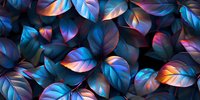 Glowing neon leaves in vibrant blue and orange colors create mystical natural pattern on dark background, abstract floral composition with luminous effect.