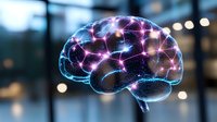 Glowing neural network in shape of human brain with purple and blue light connections on dark background with bokeh effect shows artificial intelligence concept.