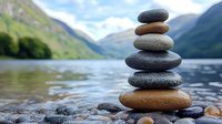 Balanced stone cairn stack by serene mountain lake with peaceful natural landscape background for meditation and wellness concepts.