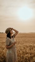 Woman in casual attire holding wheat stalks, gazing upward in golden grain field during harvest season. Suitable for agriculture, rural lifestyle, and seasonal content.