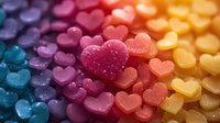 Colorful heart shaped gummy candies arranged in rainbow gradient pattern with sugar coating, macro photography showing sweet texture and details.