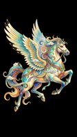 Ornate winged horse pegasus with gold blue watercolor details, isolated on transparent background, for t-shirt design, stickers, print on demand, sublimation, clipart.