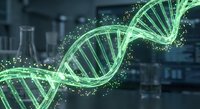 Glowing green DNA double helix structure with sparkling particles in modern laboratory setting with scientific equipment and test tubes in background.