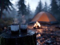 Steaming mugs on tree stump with glowing campfire and orange tent in misty forest background, creating cozy outdoor camping atmosphere at dusk.