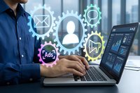 Professional businessman working on laptop with digital marketing automation icons and gears overlay in modern office environment for business technology concepts.