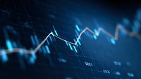 Financial market graph showing dynamic blue stock chart line on dark background with digital numbers for investment and trading analysis.