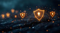 Glowing shield icons with light bulb symbols float against dark textured surface, orange particles scatter creating magical cybersecurity atmosphere.