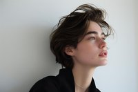Young androgynous model with tousled dark hair wearing black jacket poses against white wall in dramatic side profile, showcasing defined features and natural makeup.