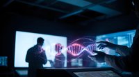 Scientist analyzing DNA double helix hologram in futuristic laboratory with digital screens and advanced biotechnology research equipment.