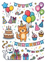 Cheerful cat and kitten celebrating with colorful balloons, party hats, bunting flags, birthday cake, cupcakes, and wrapped gifts on white background. Isolated clipart for greeting cards, invitations, and children's designs.