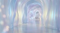 Iridescent tunnel with flowing pastel arches in soft blue, pink and lavender hues, glowing ethereal corridor with dreamy abstract interior design.