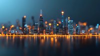 Modern city skyline at night with illuminated skyscrapers reflecting in calm water, blurred bokeh lights creating dreamy atmosphere for urban landscape photography.