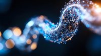 Glowing digital wave with connected dots and lines on dark background with bokeh lights creates futuristic network visualization for technology concepts.