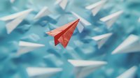 Red paper airplane stands out among white ones on blue background, symbolizing leadership, uniqueness and different direction in business concept. Perfect for presentations and marketing materials.