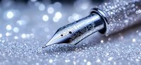 Elegant fountain pen nib with silver glitter sparkles on shimmering background in soft blue tones, macro photography capturing luxury writing instrument details.
