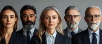 Diverse business team portrait showing five professionals in formal attire against gray background, representing corporate leadership and workplace diversity.