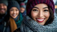 Young Asian woman in burgundy knit hat and gray scarf smiling warmly at camera with friends blurred in background during winter outdoor gathering.