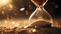 Glowing sand particles flow through hourglass against dark background with golden bokeh lights, symbolizing passing time and precious moments.