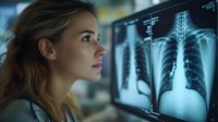 Young female doctor examining chest x-ray scan on computer monitor in dark medical office, professional healthcare worker analyzing radiography results.