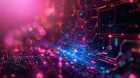 Futuristic circuit board pattern with glowing pink and blue lights creating depth and bokeh effect, perfect for technology and innovation concepts in web design and presentations.