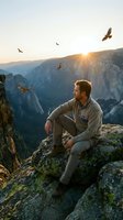 Man sitting on rocky cliff edge overlooking vast canyon valley at sunset with soaring eagles, conveying freedom, adventure, and contemplation for travel and lifestyle marketing.