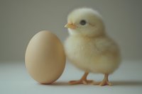Adorable yellow baby chick standing next to brown chicken egg on white surface, soft focus portrait with gentle natural lighting and shallow depth of field.