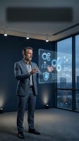 Middle-aged Caucasian businessman in gray suit presenting holographic interface with gears and security icons in modern office with city view.