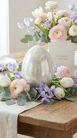 Iridescent Easter egg surrounded by pink roses, white ranunculus, and purple lisianthus flowers with eucalyptus greenery on wooden table, spring holiday decoration.
