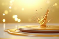 Golden liquid crown splash with droplets on rippled surface against warm bokeh background, luxury cosmetic or beverage advertising concept.