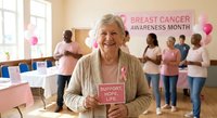 Senior Caucasian woman volunteer holding support sign at breast cancer awareness event with pink ribbons and community gathering in background.