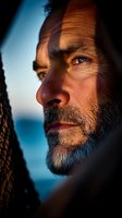 Close-up portrait of mature bearded man with intense gaze at sunset, dramatic side lighting creates contrast on weathered face against blurred ocean background.