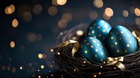 Decorative blue Easter eggs with gold dots in dark nest against blurred bokeh lights background, festive spring holiday composition.