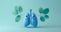Stylized blue human lungs with green leaves on pastel background, medical concept illustration for respiratory health, breathing and nature connection. Perfect for healthcare presentations.