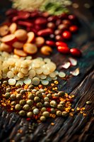 Colorful variety of raw legumes and beans scattered on dark wooden background with dramatic lighting, macro food photography for cookbooks and recipes.
