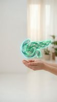 Hands holding glowing green energy swirl in modern home interior for wellness technology and healing concepts.