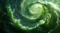 Mesmerizing spiral galaxy in vibrant emerald green hues swirling through cosmic space, creating dynamic celestial patterns with luminous stars and nebulous clouds.