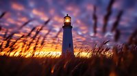 Lighthouse silhouette against dramatic purple and orange sunset sky, with illuminated beacon and tall grass swaying in foreground creating peaceful coastal scene.