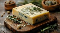 Aged blue cheese block garnished with fresh rosemary sprigs and herbs on rustic wooden cutting board, selective focus with moody lighting and natural styling.