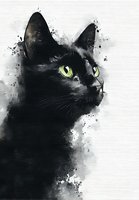 Artistic watercolor portrait of black cat with glowing green eyes against white background, ink splatter effect creating dramatic contrast.