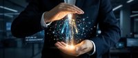 Businessman in dark suit holding glowing digital globe with connected network particles, representing global business, technology innovation, and future management concepts for corporate solutions.