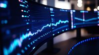 Curved trading monitors displaying financial market data with glowing blue charts and graphs on dark background, showing stock market analysis.