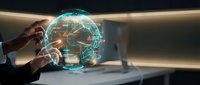 Businessman holding holographic globe with digital network connections and data visualization in modern office environment for global business technology concepts.