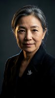 Professional mature Asian woman with gray hair in dark coat portrait against black background for business and corporate use.