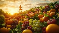 Runner silhouette at sunset over fresh fruits landscape with oranges, grapes, apples creating healthy lifestyle composition. Vibrant colors and dramatic sky.