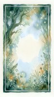 Watercolor forest frame with ancient tree branches, ferns and wildflowers creating magical woodland border for invitations, cards and nature designs.