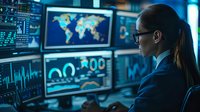 Professional female analyst monitoring global market data and financial charts on multiple screens in dark control room. Perfect for business intelligence and trading concepts.