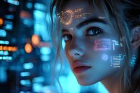 Young woman with holographic interface projections on face in cyberpunk setting with blue neon lights and digital displays creating futuristic atmosphere.