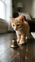 Curious orange tabby kitten walking toward brass bell on wooden floor in bright home interior with blurred background furniture.